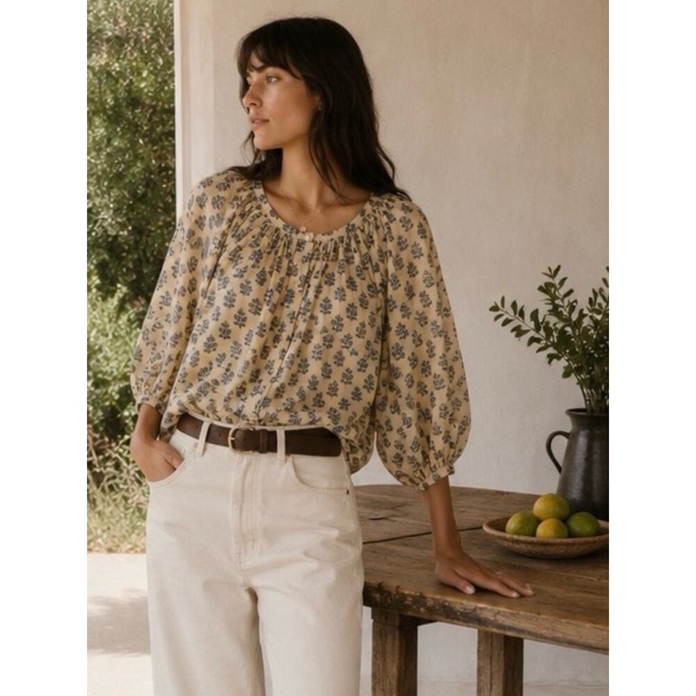 Doen Jiana Cotton Crewneck Button 3/4 Long Sleeve Blouse Top Ivory Meadow Floral